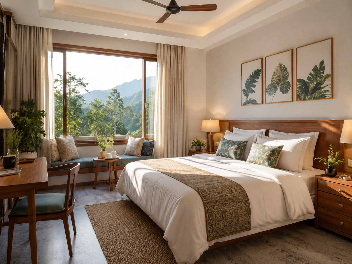 Sunlit cozy homestay bedroom with natural accents