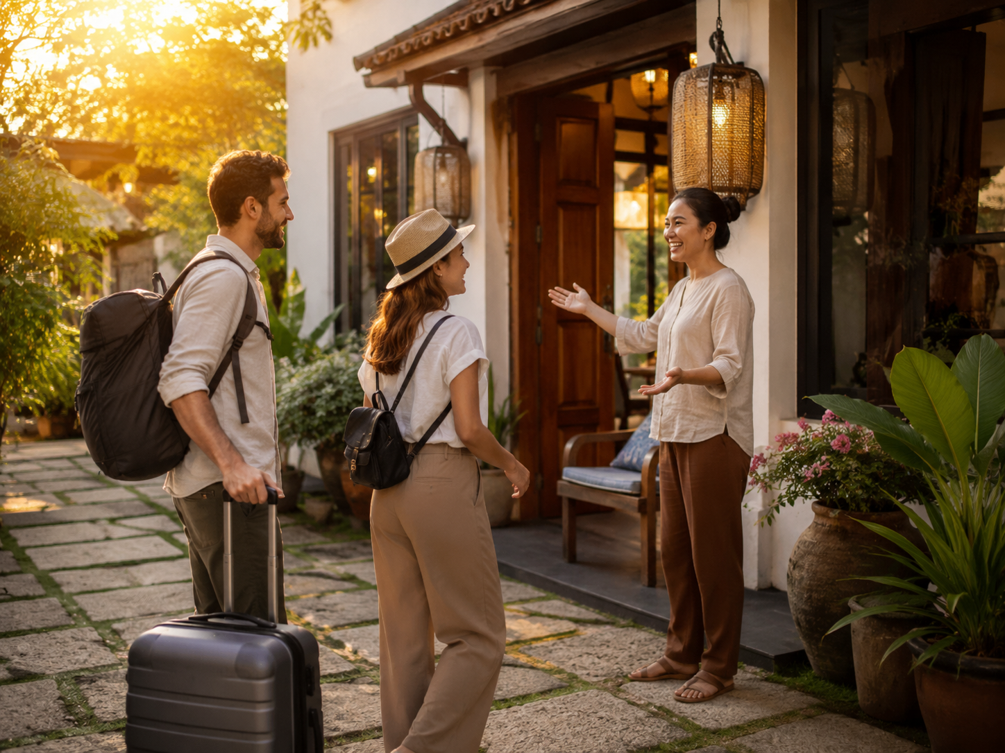 Warm welcome at a guesthouse porch