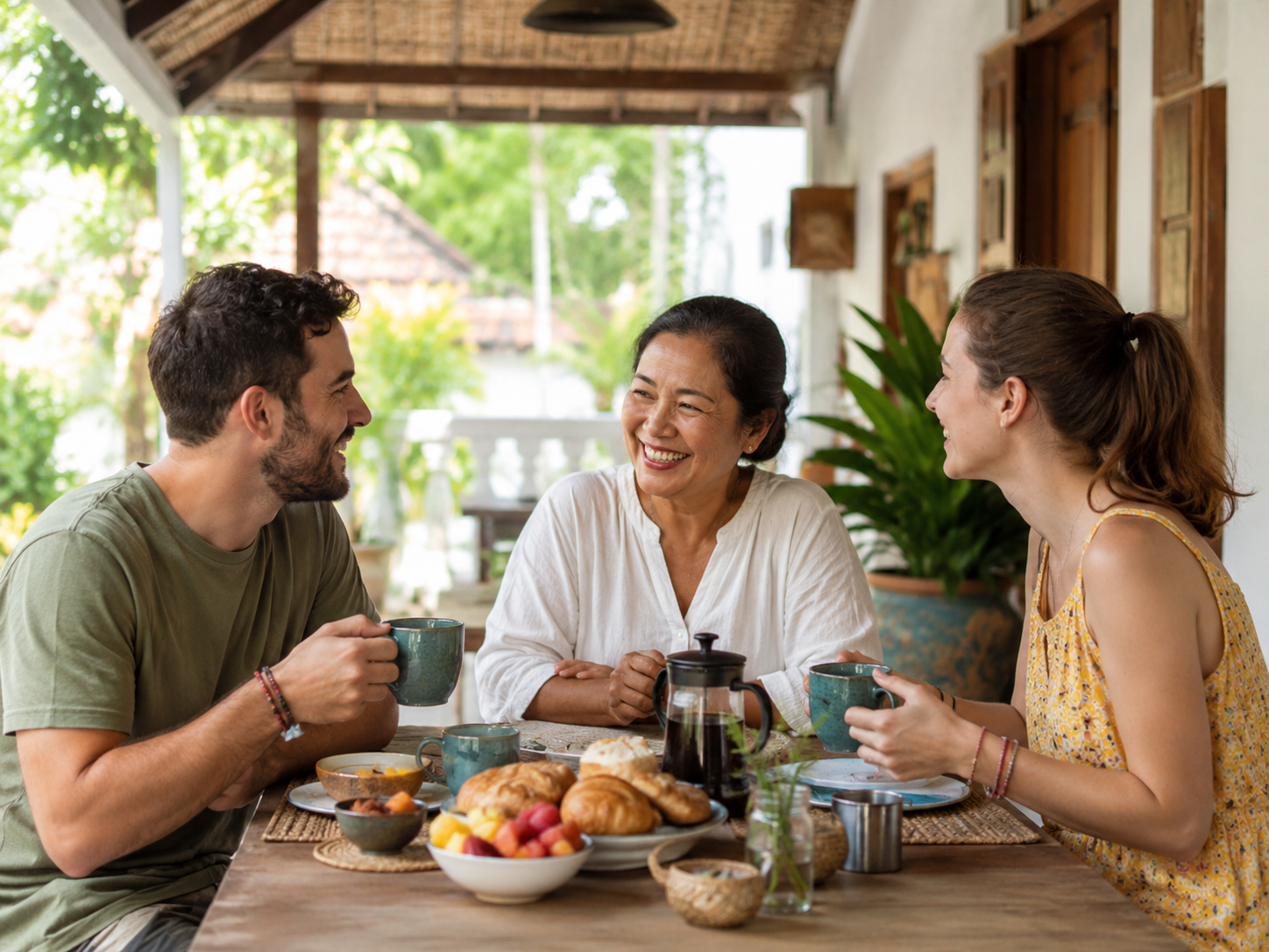 Travelers sharing breakfast with a welcoming homestay host